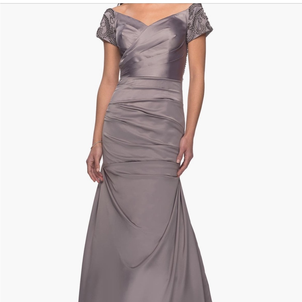 La Femme Elegant Gray Off-Shoulder Gown